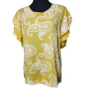 Forgotten Grace 1X Yellow Paisley Embroidered Ruffle Mesh Flowy Boho Top‎ Shirt